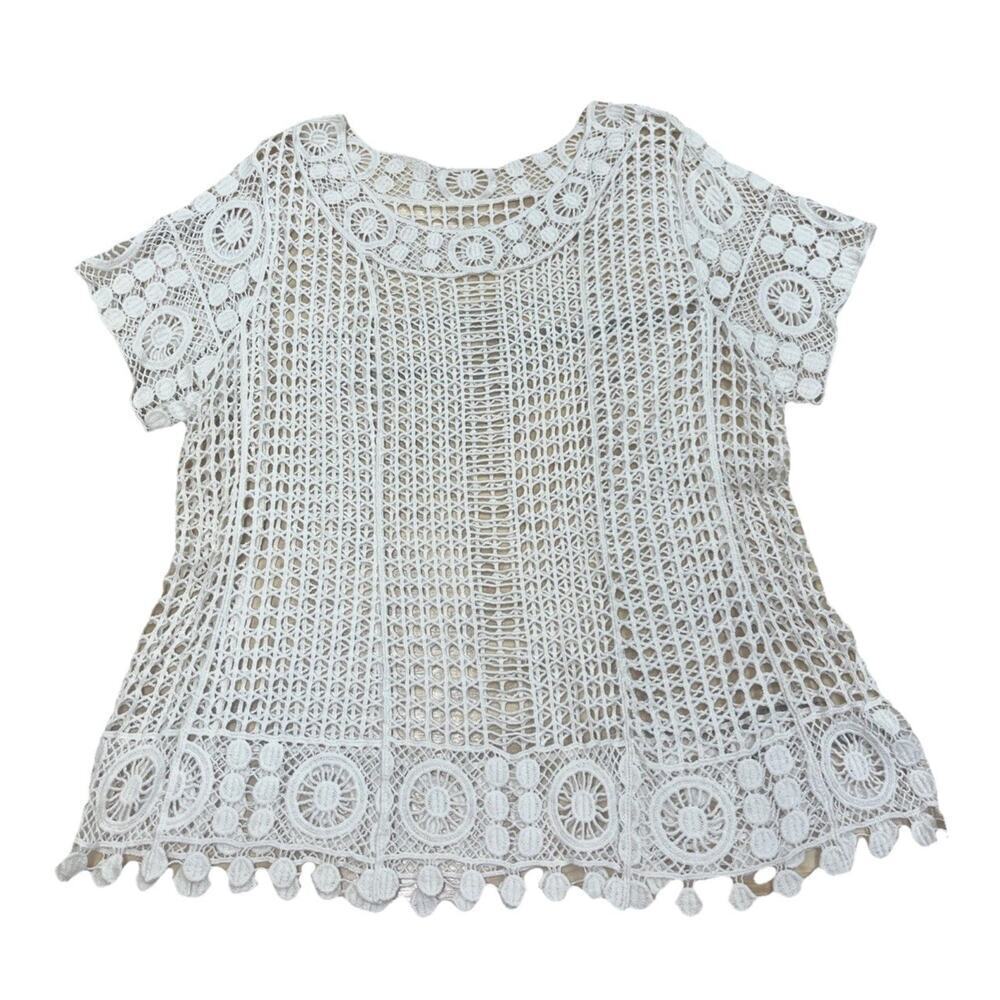 Y2K Crochet Open Knit Sweater Ivory Lace M/L Coquette Fairycore Boho Festival
